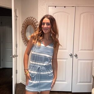 Blue and White Striped Sleeveless Dress